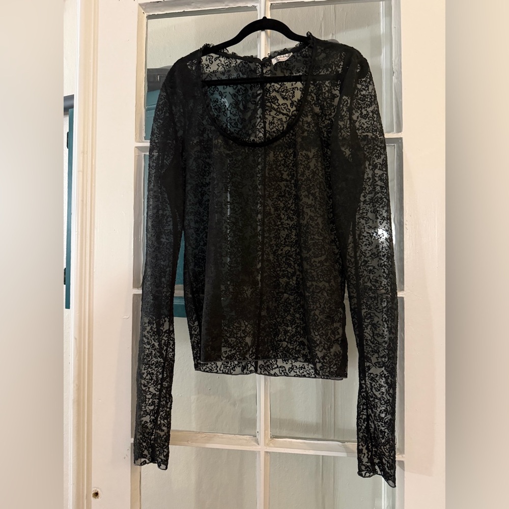 Free People Sheer Velvet Flocked Mesh Black Blouse
